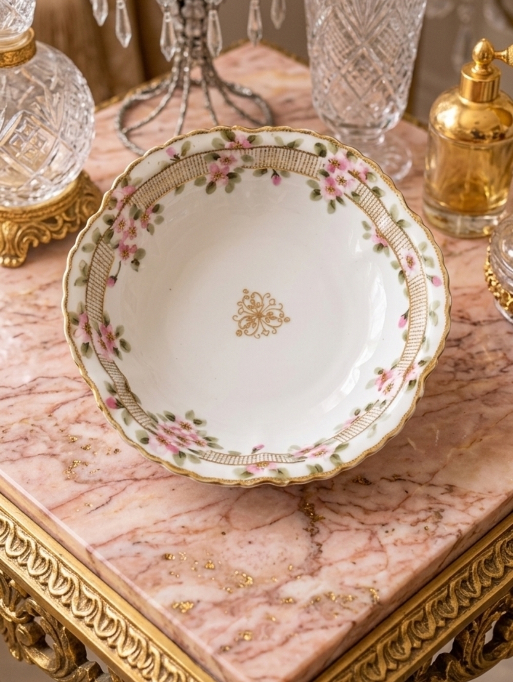 Antique Hand Painted NIPPON Cherry Blossom Gold Moriage Scalloped Serving Bowl